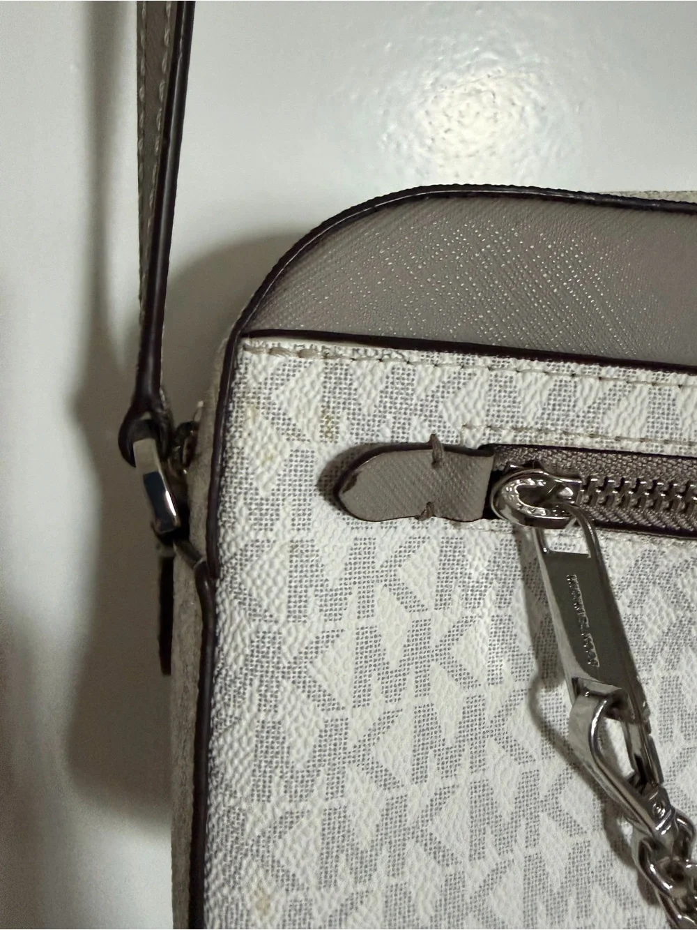 Michael Kors White and Taupe Signature Crossbody with Chain Detail